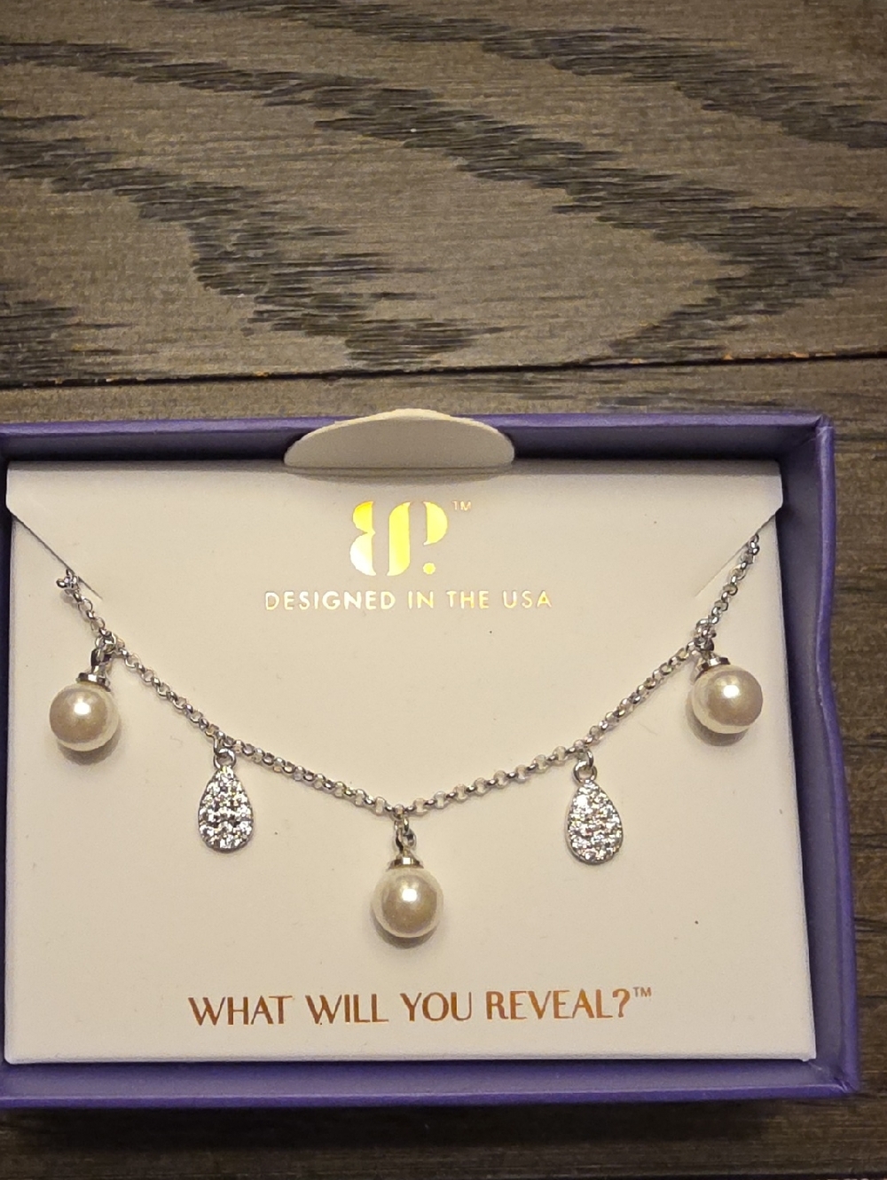 BP JUNE~Silver Necklace with White Pearls & Crystal Teardrops